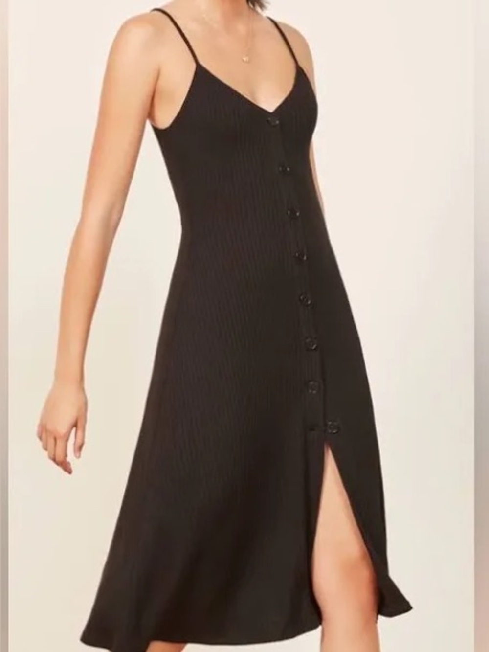 Reformation Casey Knit Black Button-Front Slip Dress with Slit